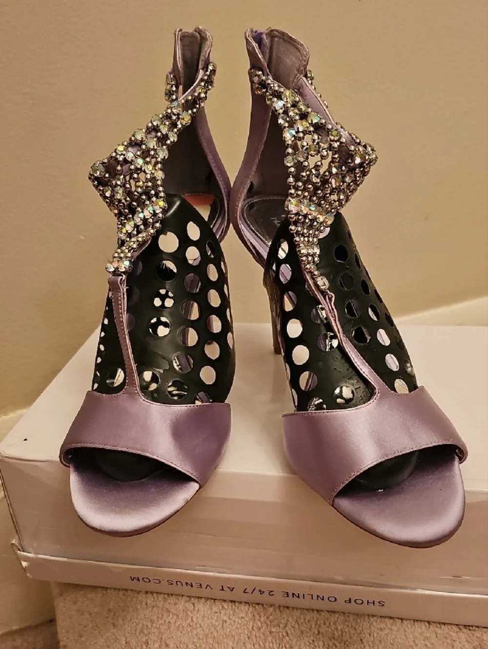 Gianni Bini Lavender Satin Crystal T-Strap Heels - Picture 5 of 7